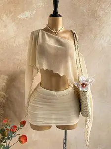 Women's 2-Piece Gold Sequin Party Lady Clothes Set - Lightweight Asymmetrical 1-Shoulder Sheer Top, Comfortable Fabric Ruched Short Skirt, Suitable for Beach Wear