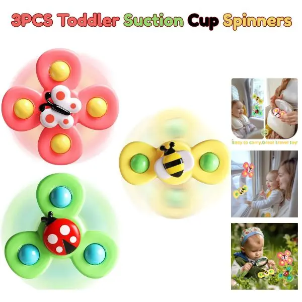 3PCS Toddler Suction Cup Spinners – Baby Bath & Travel Top Toys, Sensory Airplane Fun for Kids 1-3, Easter Basket & Birthday Gift for Boys & Girls
