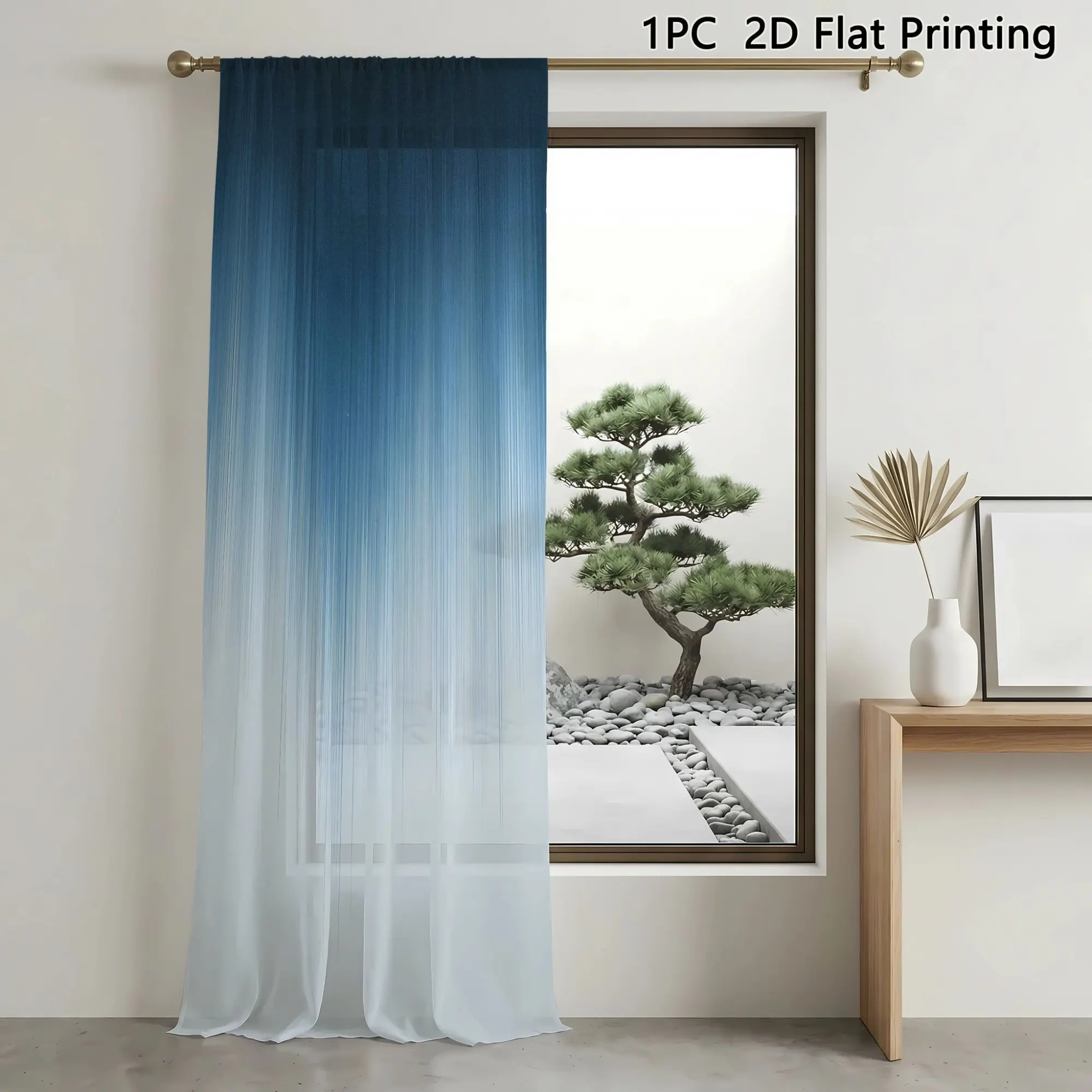 1pc Blue Gradient Vertical Stripe Sheer Window Curtain, 2D HD Print, Rod Hanging, Suitable for Living Room, Bedroom, Balcony, Bathroom, Entryway