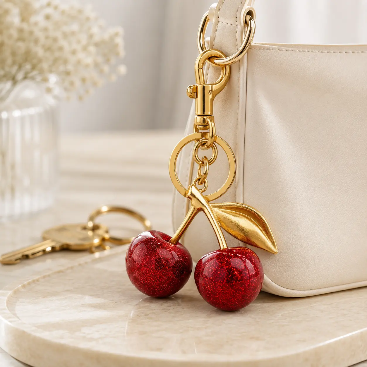 Cherry Bag Charm Keychain, Cute Fruit Purse Pendant Accessory for Handbag Backpack Decoration & Daily Key Organizer