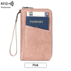 Family Passport Holder for 6 RFID Blocking Leather Wallet Travel Accessory Organizer Waterproof with 4 Cards Slots & 1 Zipper Pocket  for Men & Women