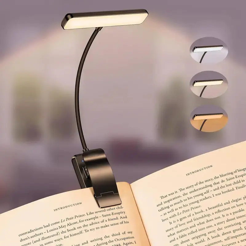 Karidi Rechargeable Clip-On Book Light with 24 LED Beads, 360° Flexible Gooseneck, 5 Color Tones, USB-C, 80H Glare-Free Eye Care, Adjustable Bright Illumination for Books/Tablet/Bed (Black White)