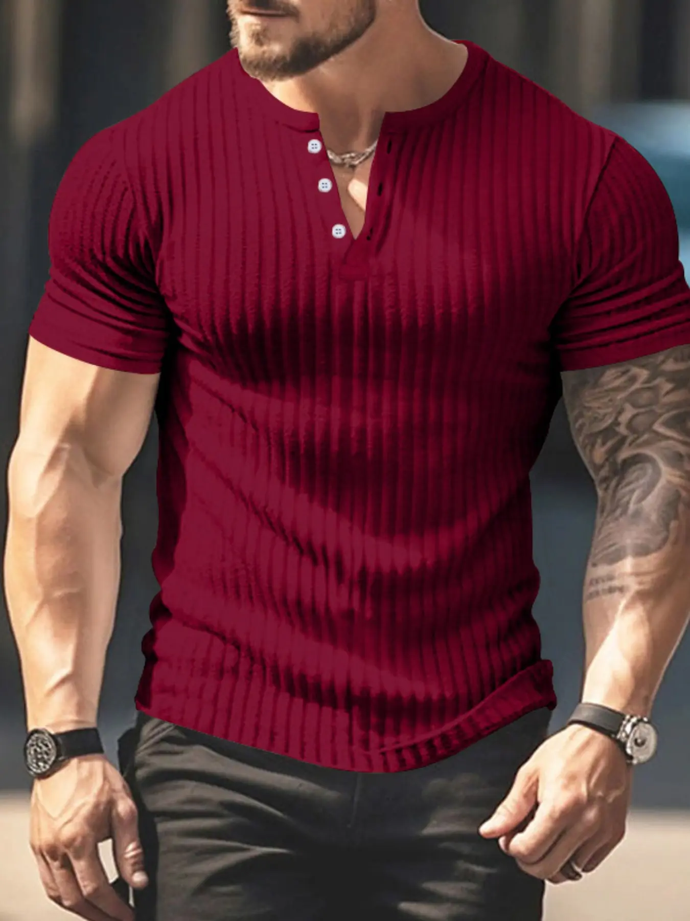 Men's Ribbed Henley T-Shirt, Short Sleeve 3-Button Slim Fit Stretch Tee, Solid Casual Streetwear Top for Spring & Summer, Daily Wear, Gym & Workout, Menswear