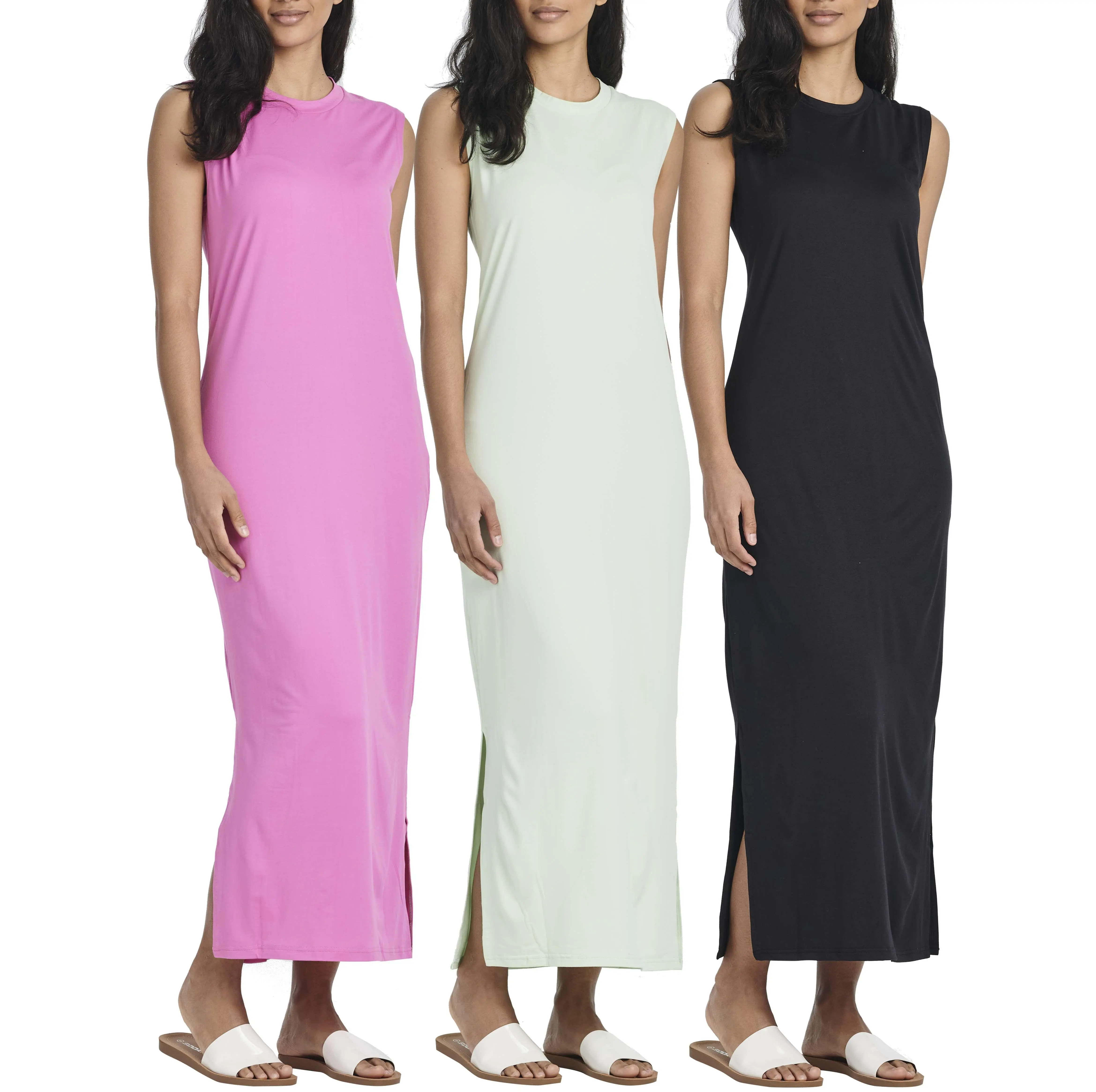 Real Essentials 3 Pack: Women’s Maxi Tank Dress | Sleeveless Casual Long Lounge Dress (Plus Size Available)