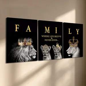 3 Pcs/Set Wooden-Framed Canvas Painting, Black & Gold Lion Family Triptych Canvas Wall Art, "Family Where Life Begins" Quote Print for Living Room, Bedroom, Office Decoration, Modern Home Decor, Fashion Artistic Ornaments, Artwork