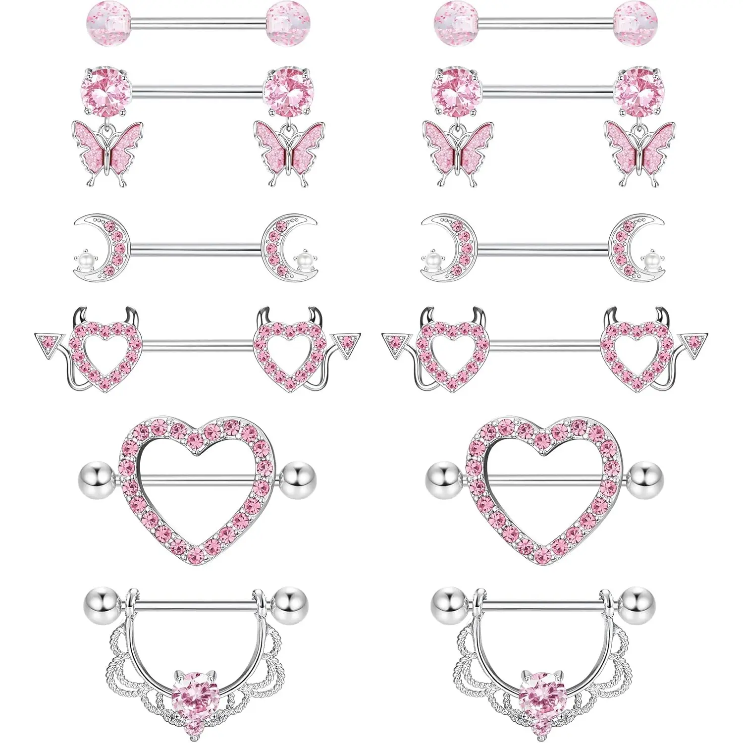 Milacolato Women's 6-Pair 14g Hypoallergenic 316L Surgical Steel Nipple Barbells, Geometric Heart Shapes Female Fit Body Jewelry for Nipple/Tongue Piercings, Suitable for Casual Wear, Barbell Set, Geometric Shapes, Nipple Rings, Christmas