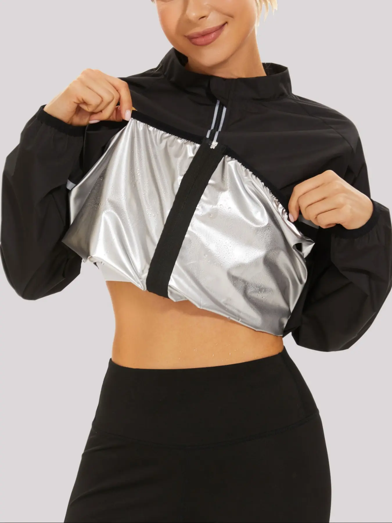 Women's Plus Size Sweat Sauna Suit, Long Sleeve Zipper Gym Jacket, Workout Fat Burning Sauna Shirt, Body Shaping Sauna Vest, Sports Yoga Jacket, Sculpted Sports Jacket, Fitness Outerwear, Polyester Athleisure, Workout Clothes Women