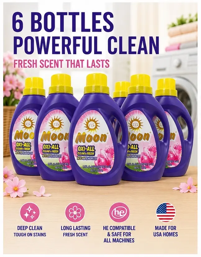 Moon Oxi-All Laundry Detergent Liquid 3 Pack Bundle, Powerful Oxi Infused Deep Stain Fighting Fabric Wash, Long Lasting Fresh Floral Scent, HE Compatible Safe For All Washing Machines Household Family Laundry Supply