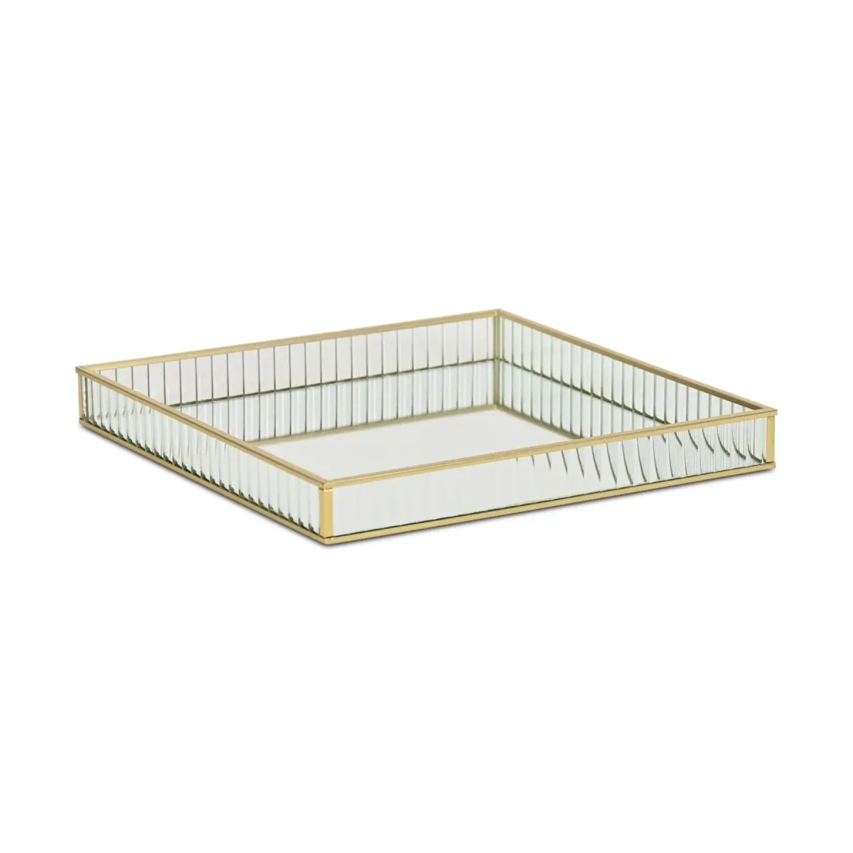 Cheungs 6137GD-L Stylish Veldra Gold Square Fluted Glass Tray - Large, 11.75" l x 11.75" w x 1.5" h, 4 lbs, Indoor Coffee & Serving Tableware Plates for Kitchen