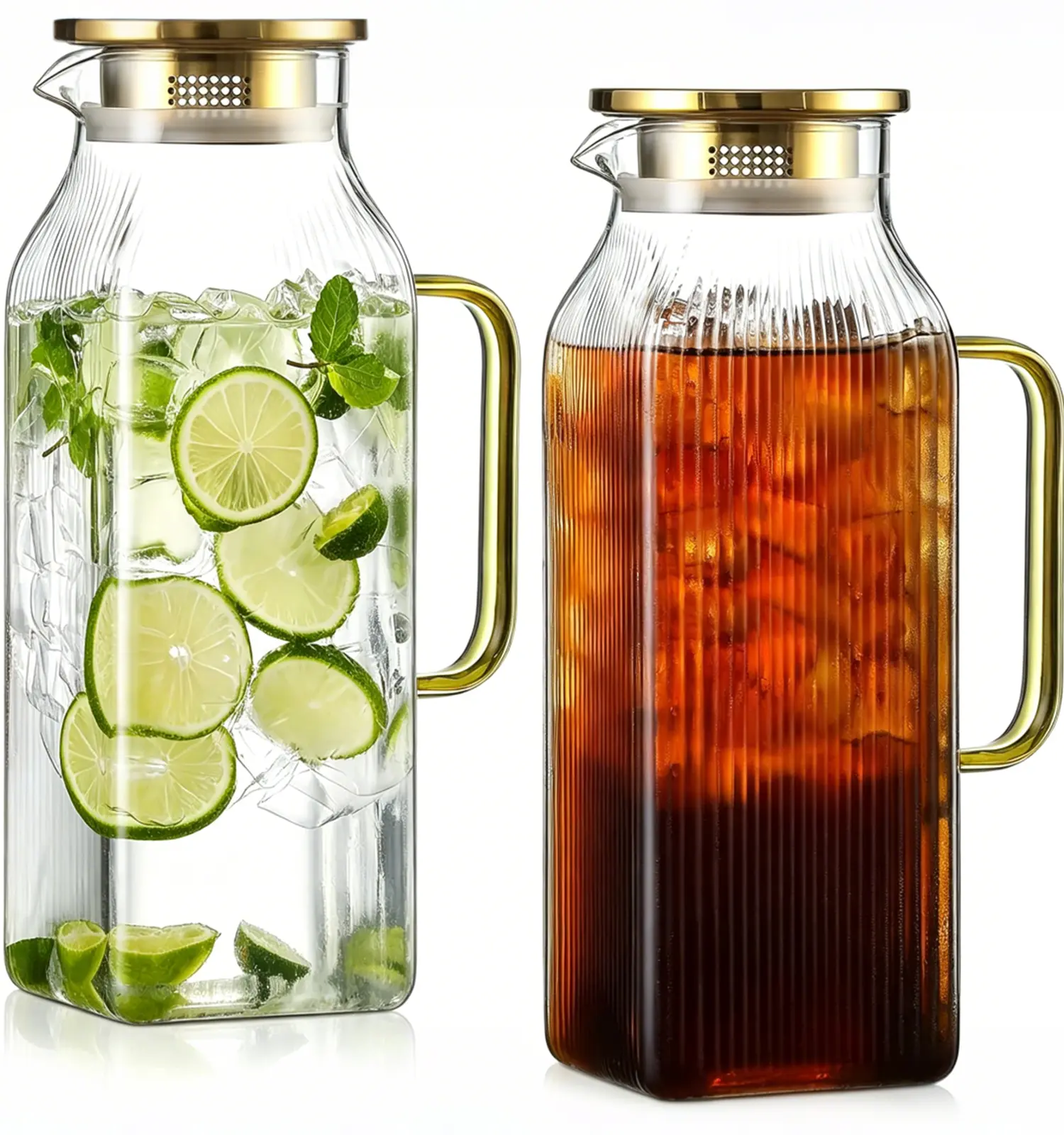 Geometric Borosilicate Glass Pitchers (2-Pack) with Dual-Pour Lids, Gold Handles, Vertical Stripes, 2L/68oz Dishwasher-Safe Square Jugs for Home & Cafe Iced Tea,   Juice, Hot/Cold Brew Drinks