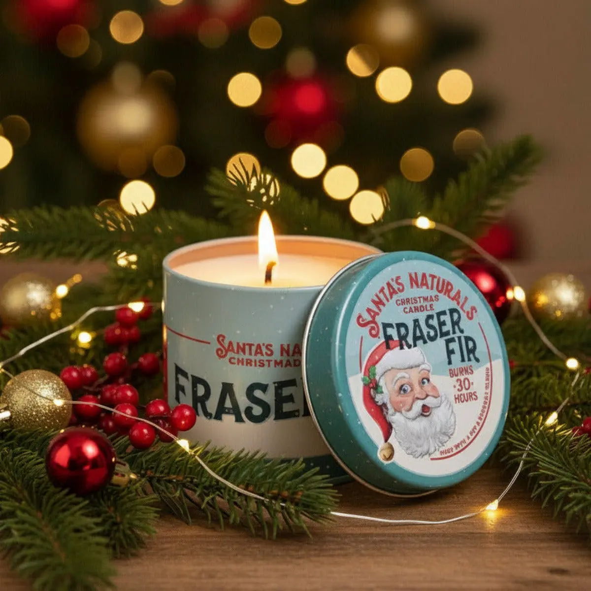Santa's Naturals Fraser Fir Christmas Candle - Fragrance Aroma Canister Candle for Home Decor, Desks