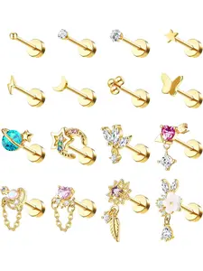 16 PCS Cartilage Flat Back Stud Earrings for Women Trendy Stud Earrings Set for Multiple Piercing Surgical Steel FlatBack Earrings for Women 20G