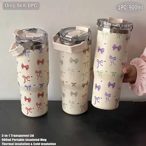 30oz-900ML Butterfly Pattern Stainless Steel Insulated Cup Tumbler, Dual Drink Mouth, Outdoor Water Bottle, Gift for All Occasions