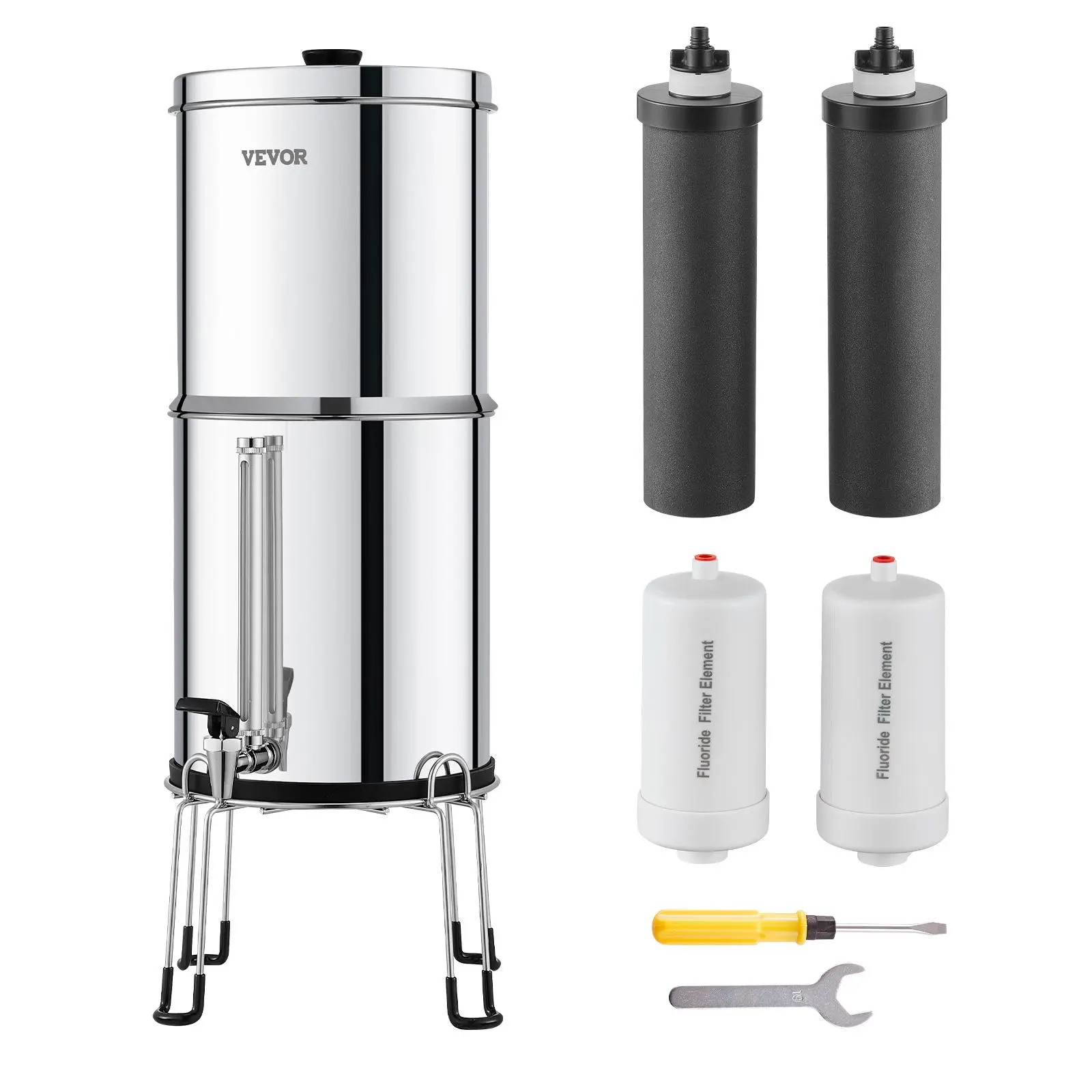 【Summerfinds】VEVOR Gravity-fed Water Filter System 2.25G 304 Stainless-Steel Countertop Filtration SystemReduces Lead and up to 99% of Chlorinewith 2 Activated Carbon Filter2 Defluorination FilterSpigot, Filter Canister, Water Filter Cartridge