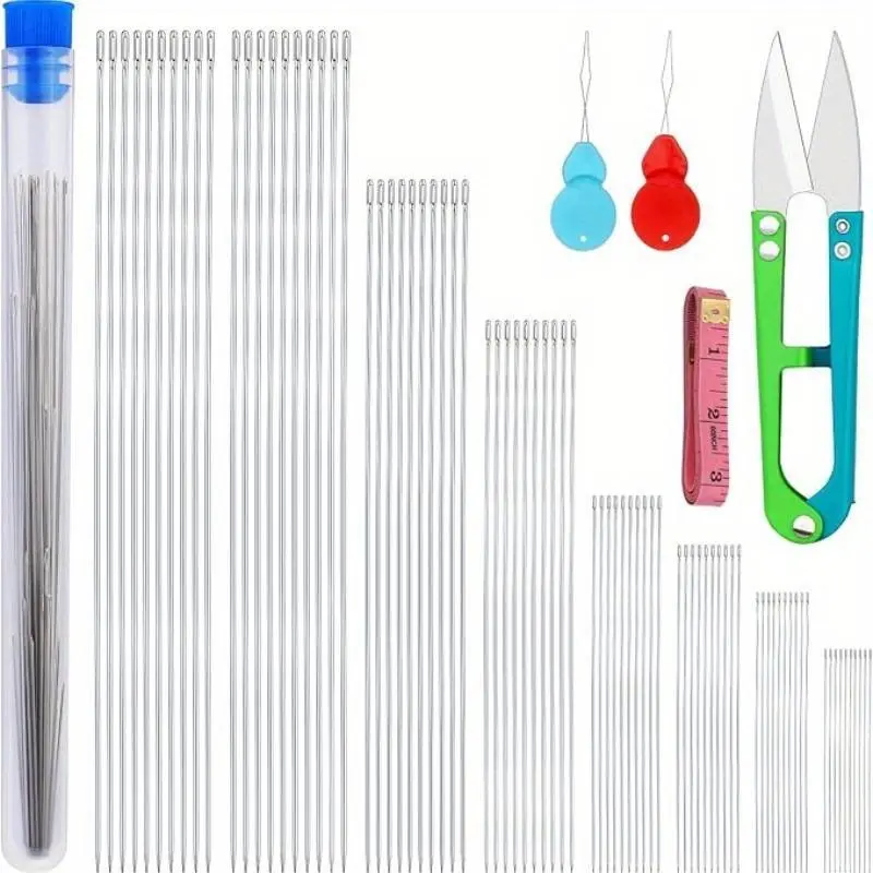 34 pcs bead needles center opening curved bead needles Set with straight beaded needles needle threader ferrule Beading Needles Steel Needles Set