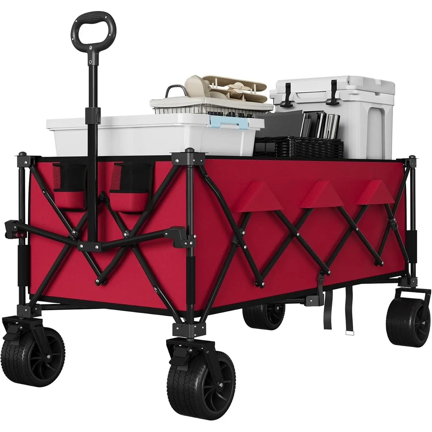 Red Heavy-Duty Beach Wagon Cart with Sturdy Steel Frame, All-Terrain Wheels, Collapsible Design, 2 Mesh Cup Holders, 1 Side Pocket, Deep & Larger Storage Space, 350 lbs Capacity for Sand, Gravel, Grass Events