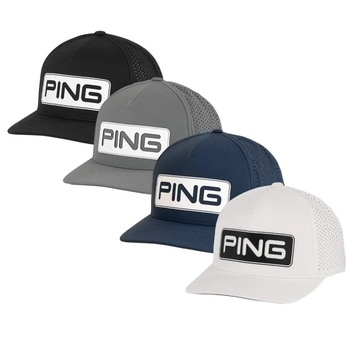 Ping Men's 2026 Tour Vented Delta Adjustable Hat | PING Trucker Golf Hat – Mesh Back Cap in Black, White & Blue Breathable & Stylish Design