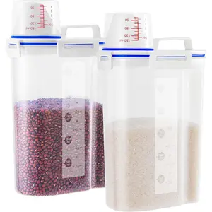 2-Piece Rectangular Airtight Storage Containers with Standard Scale, 10-Lbs Rice Bucket with Measuring Cup & Pour Spout, Plastic Kitchen Containers for Rice, Cereal, Dry Bird & Pet Food