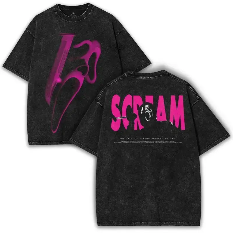 Scream Oversized Vintage Washed Tee – Pink Neon Horror Graphic Ghostface Double Printed Shirt | Retro Slasher Streetwear Collector Unisex / Men & Women