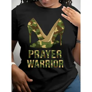 Womens Prayer Warrior Graphic Tee Short Sleeve Crewneck Casual Loose Fit Soft Cotton Streetwear Camo High Heels Print Faith Inspirational Shirt For Everyday Wear
