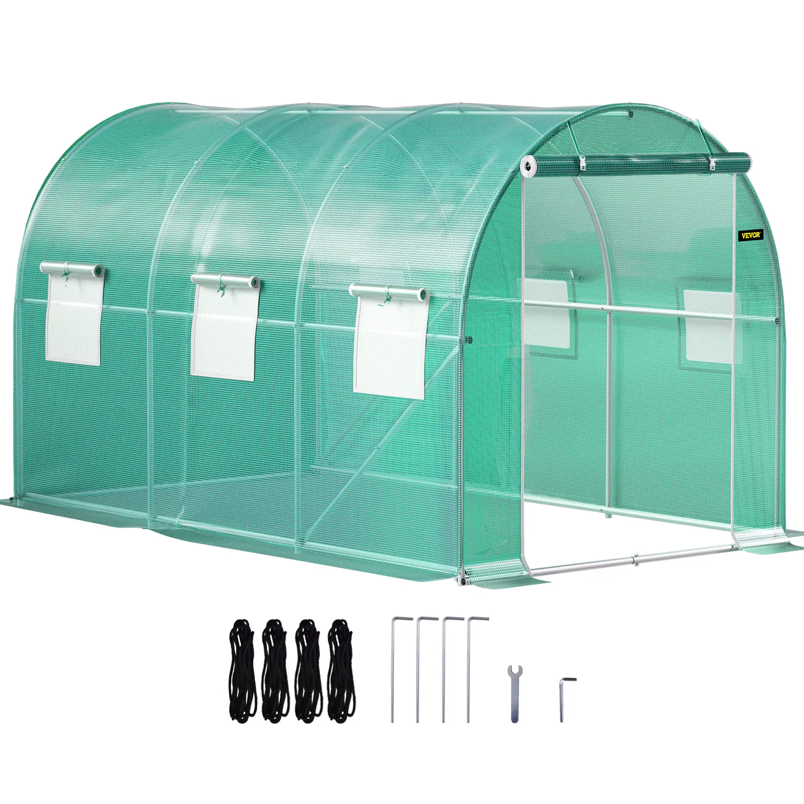VEVOR Heavy Duty Greenhouse, 12x7x7 ft Metal Walk-in Tunnel Shape Hot House with Galvanized Steel Hoops, 1 Top Beam, 2 Diagonal Poles, 2 Zippered Doors, 6 Mesh Roll-up Windows, Green, All Tools Included, for Cultivating Flowers, Creating Landscapes, Veget