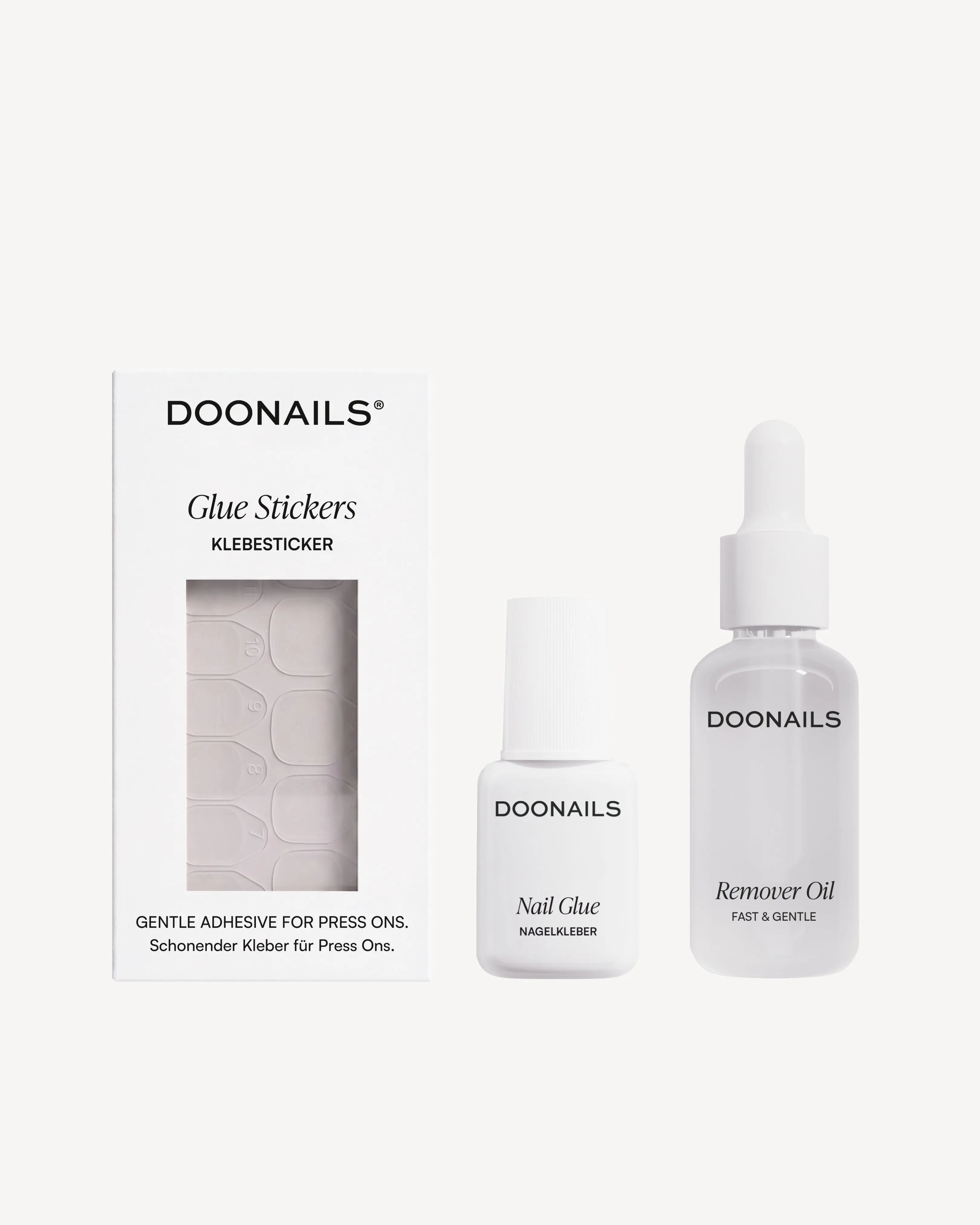 DOONAILS Gentle Press-On Nails Prep and Application Bundle Set - 0.25 fl oz Brush-On Apply Glue, 180 Adhesive Tabs in 15 Sizes, 40 Single-Use Cleaning Pads