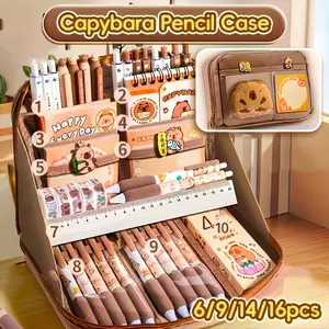 54-Piece Capybara Canvas Pencil Box Set, Includes Doll, Stickers, Keychain, Clips, Large Capacity Layered Zipper Closure, Portable, School Essentials, Stationery Set