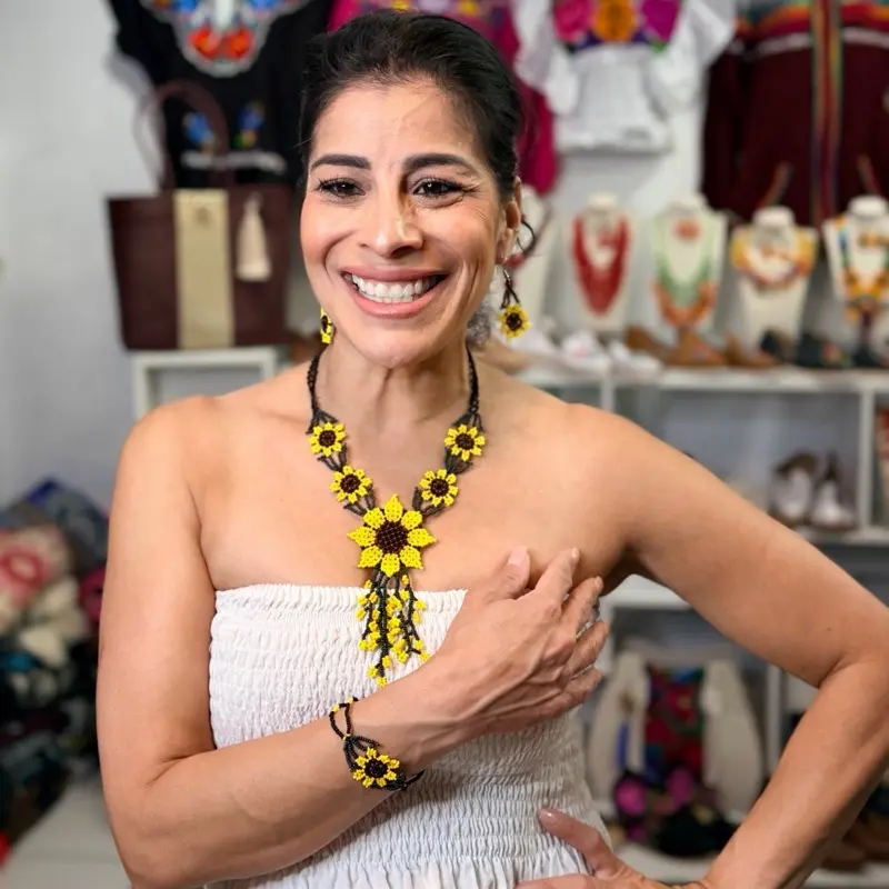 Set girasol raíz   - collar artesanal mexicano - Mexican necklace Handmade beaded - collar huichol - collar mexicano - Mexican necklace