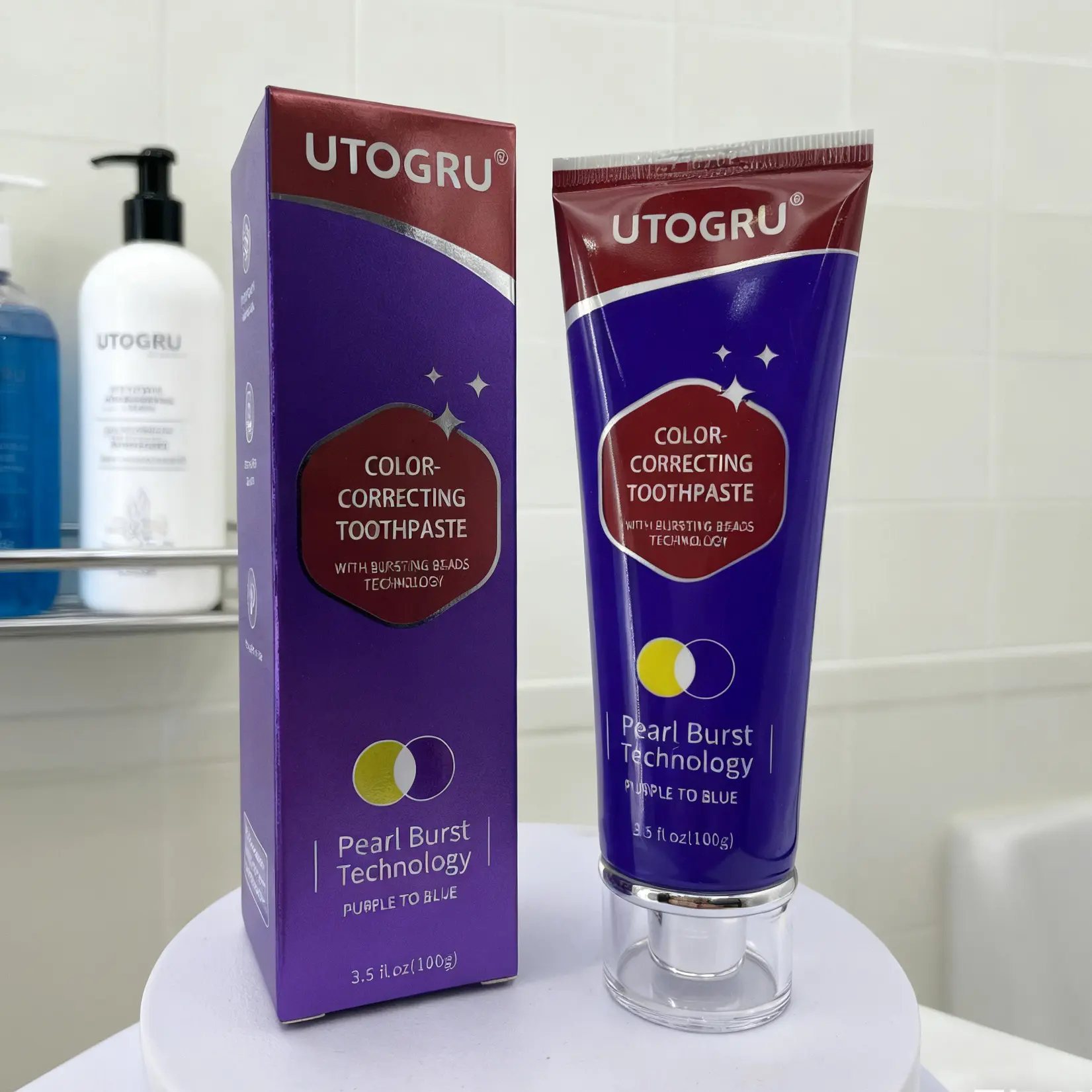UTOGRU Purple Teeth Whitening Toothpaste with Color Correction, Alcohol-Free Teeth Brightener, Peppermint Scent, 24 Months, 100g, Oral