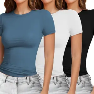 3-piece women's basic short-sleeved round-neck T-shirt tight top 2024 summer Y2K short tight shirt for going out
