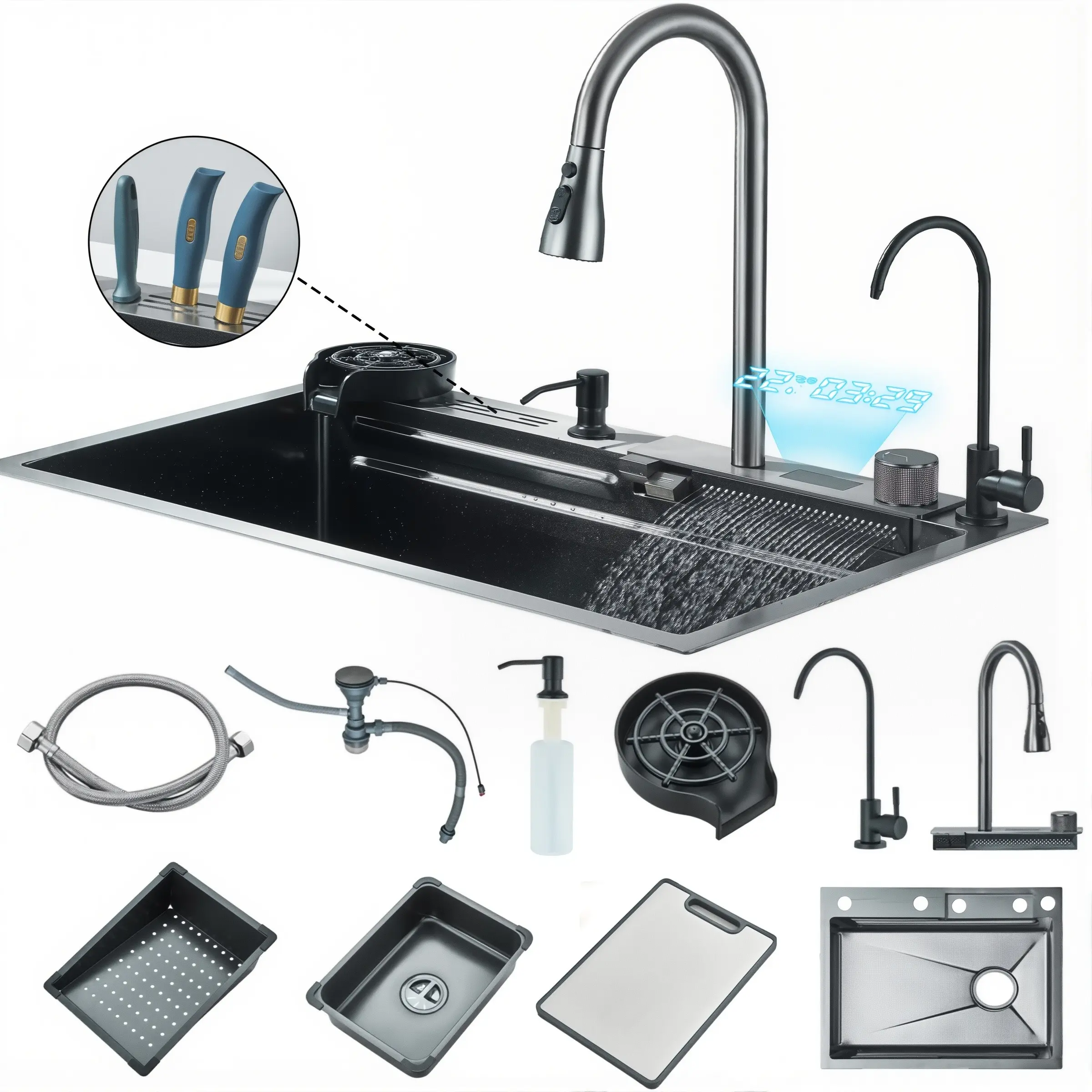 Modern Stainless Steel Flying Rain Waterfall Kitchen Sink With Digital Display Screen, 3 Water Modes Pull Down Faucet, Single Basin, Recessed/Under Counter Design, Pull Out Faucet And Accessories Kitchen Sink Faucet, Matte Gray, 29.5 Inch × 18 Inch