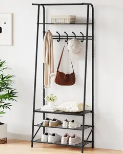 GARVEE Hallway Coat Rack with Bench and 3-Tier Shoe Storage, Metal Frame Entryway Organizer with 5 Hooks and Storage for Shoes, Perfect for Entryway and Hallway