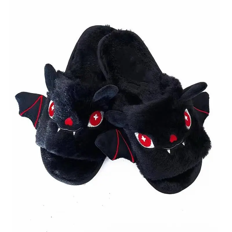 Gothic Rebel Black Fuzzy Comfy Bat Slippers
