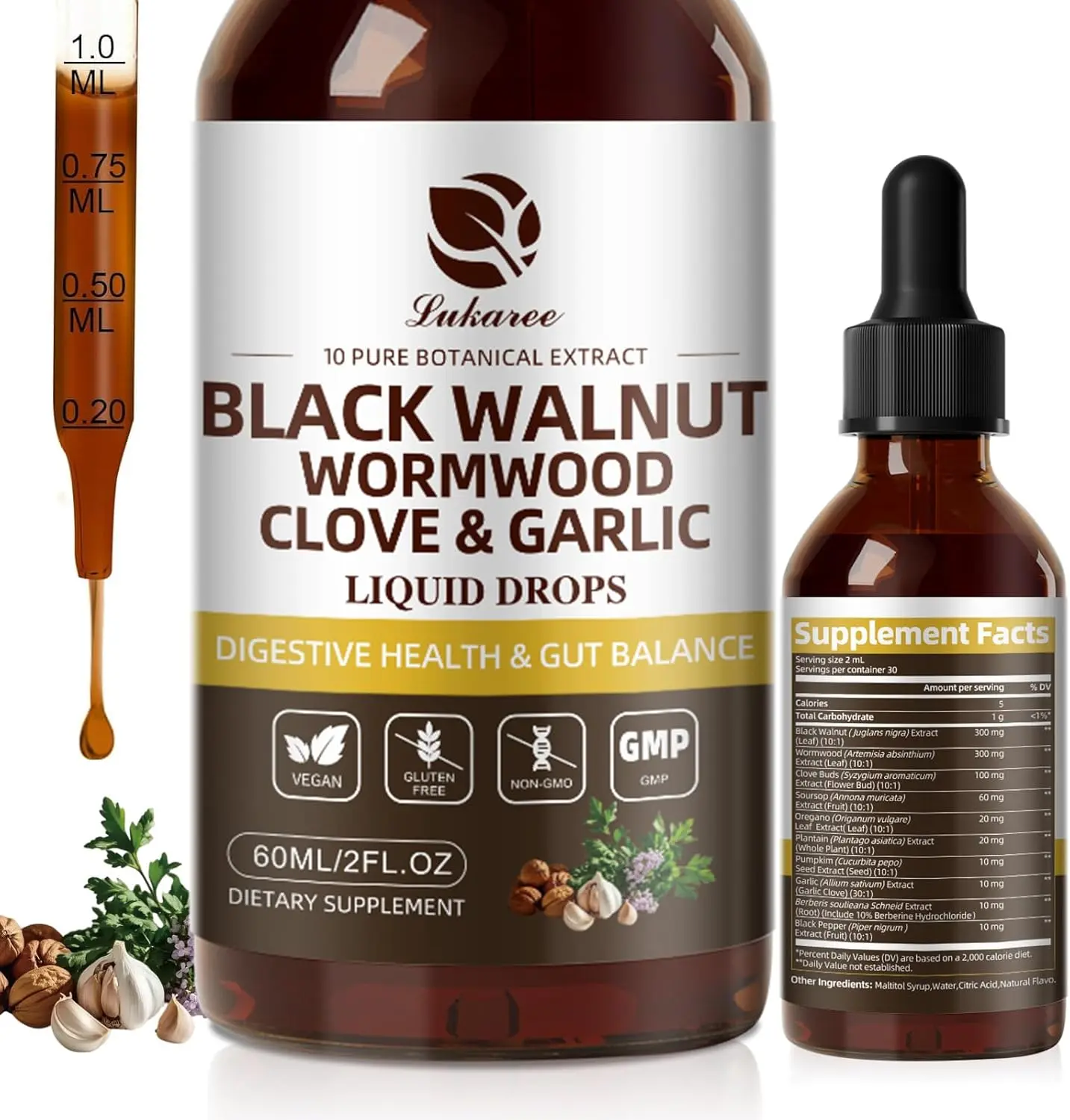 Black Walnut Wormwood Tincture - Healthcare Dietary Herbal Energy Supplement, Rapid Gut Cleanse, Digestive Health Support with Oregano, Garlic & Berberine, 10:1 Ultra-Concentrated Liposomal Delivery, Alcohol-Free, 2 Fl Oz Botanical Supplement