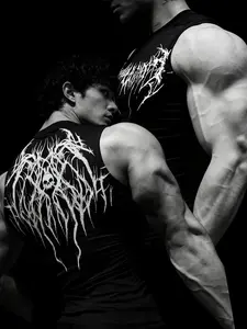 Men's Gothic Fitness Tank Top, Sleeveless Sports Vest, Skull Thorns Print, High Elasticity Quick-Dry Breathable Fabric, Slim Fit Muscle Show, Street Style Essential