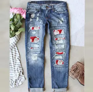 New Winter Christmas Jeans with Printed Holes Thickened Long Pants for Festive Style Perfect for Holiday Gatherings and Celebrations