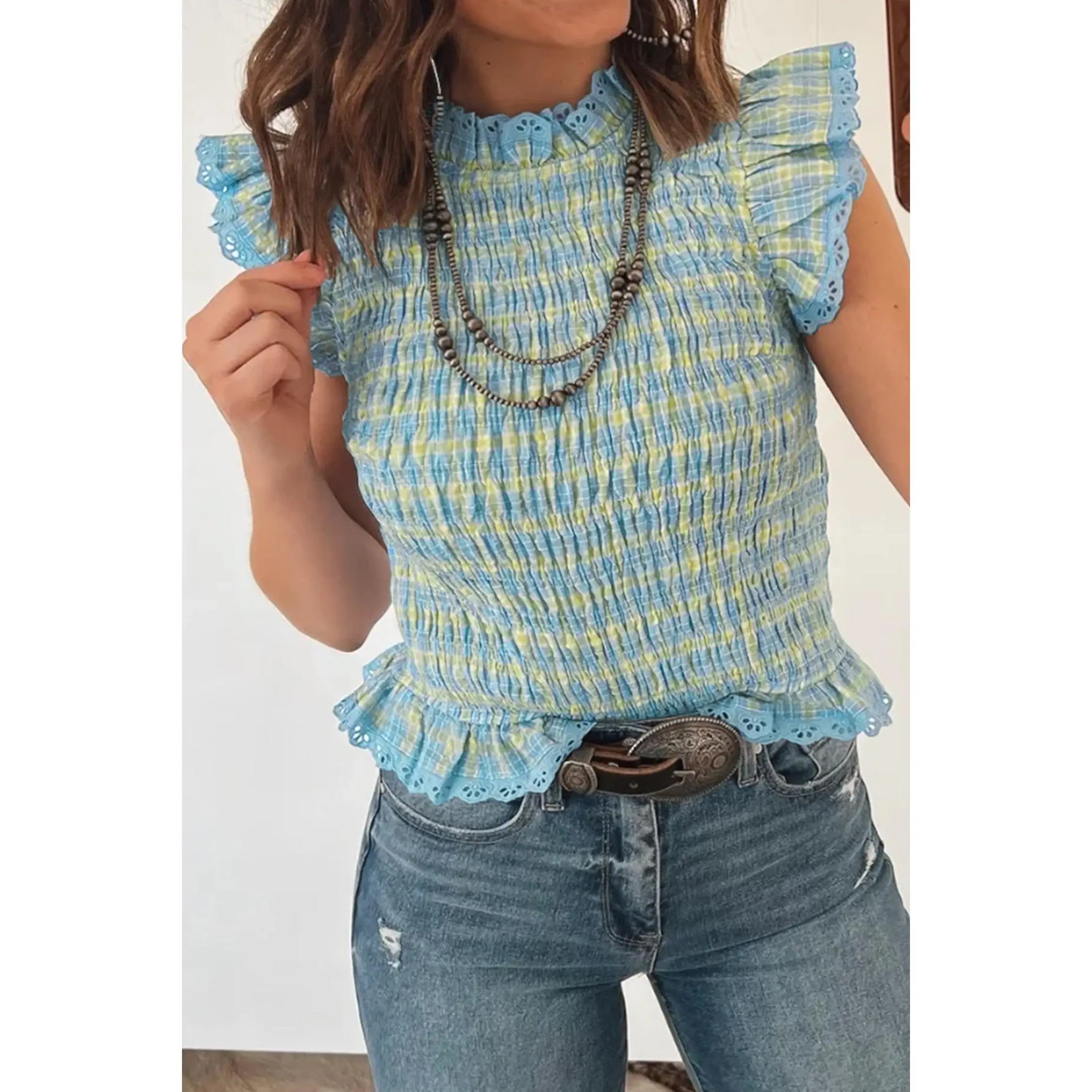 Multicolour Gingham Smoked Lace Trim Tank Top