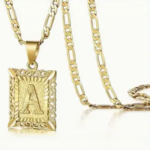 14K Gold Plated Initial Letter [A-Z] Tag Pendant Necklace, Figaro Chain Personalized Jewelry for Women