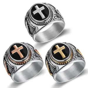 Trendy Gothic Style Exaggerated Men's Titanium Steel Retro Cross Ring Prayer Hand Symbol Wedding Ring Hip-Hop Jewelry, Versatile for Daily Use, Personalized Wide Face Ring Gift for Men