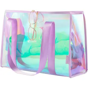 Large Beach Bag for Women Waterproof Sandproof Tip-Proof Beach Tote Iridescent Bag with Waterproof Pocket for Pool