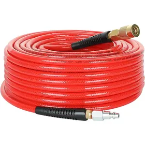 1/4-Inch x 100 Feet Polyurethane Air Hose with Bend Restrictors PU Compressor Hose with 1/4" Industrial Quick Coupler and Plug Kit, Red
