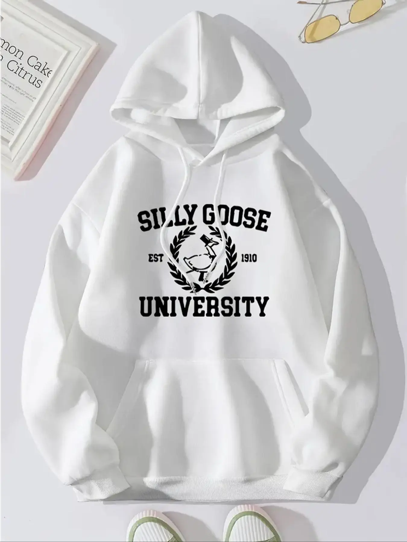 Women's Letter & Goose Print Thermal Lined Hoodie, Casual Long Sleeve Hooded Sweatshirt for Fall & Winter, Women's Clothes for Daily Wear