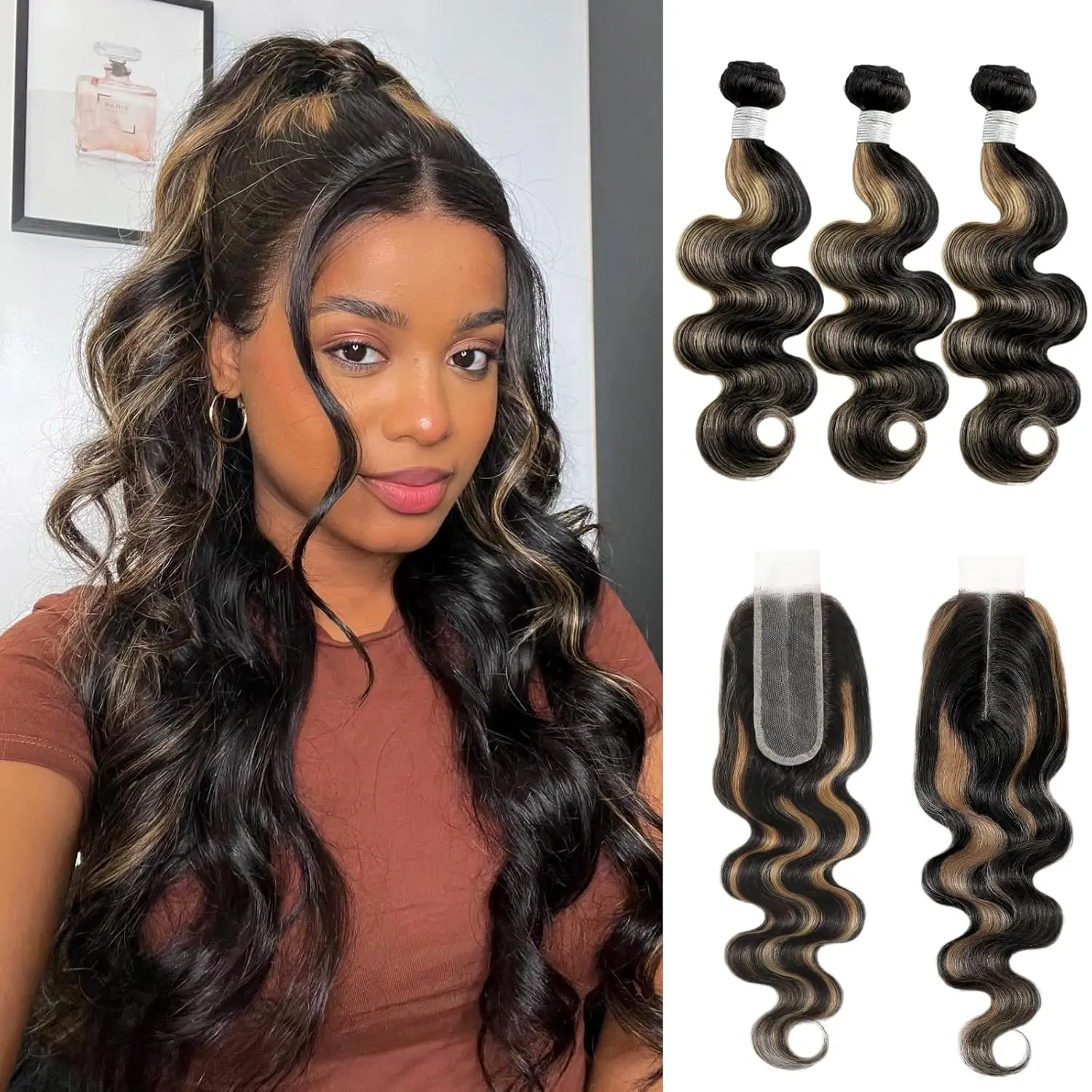ALHER 12A #F1B/27 Blonde Ombre 3 Bundles With 2x6/4x4 Lace Closure Human Hair Body Wave Black and Blonde Highlight Colored 2x6/4x4 Closure Pre Plucked With Baby Hair for Black Women (2x6 Closure,4x4 Closure,3 Bundles with 2x6/4x4 Closure,Optional)