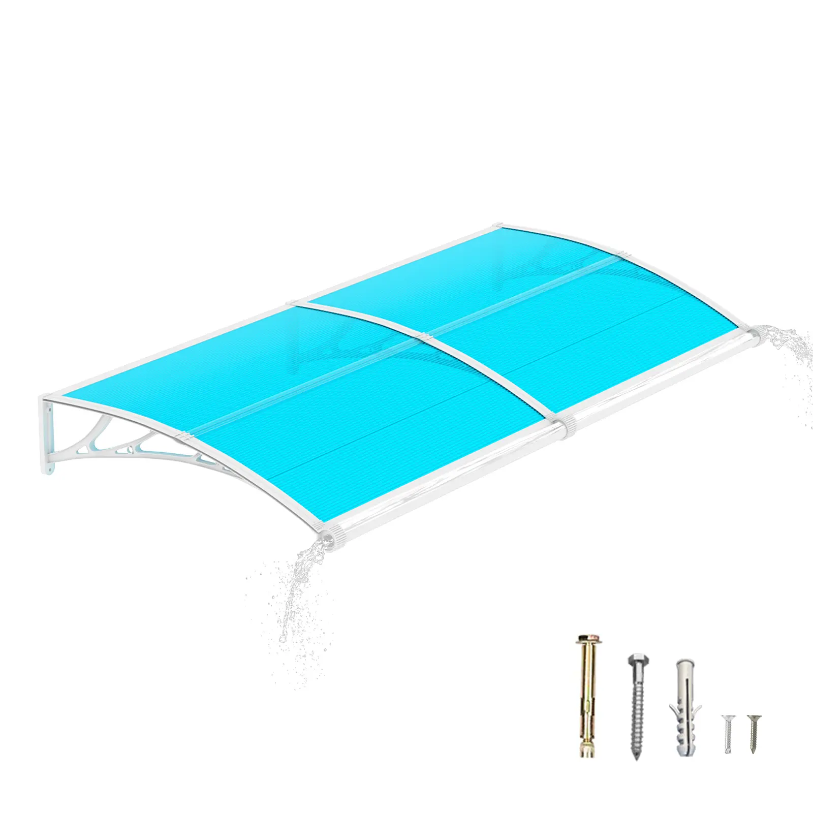 Modern Outdoor Awning for Doors and Windows, Blue Polycarbonate Panel with White Frame, Durable Rain and Sun Shelter
