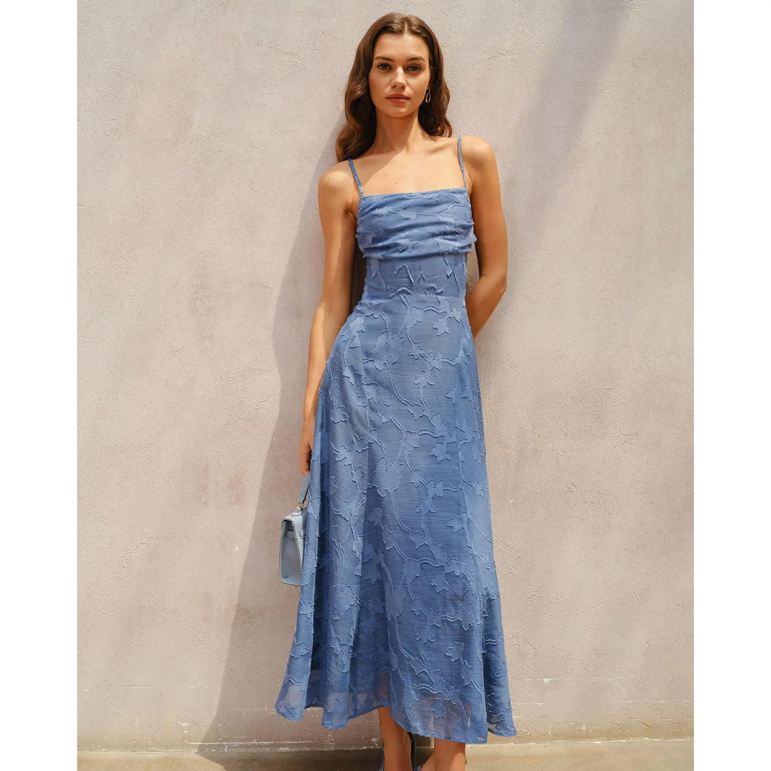 RIHOAS Women's Blue Floral Jacquard Maxi Dress, Formal A-Line Slip Gown with Square Neck and Ruched Bodice for Wedding Guest Attire, Fabric, Polyester, Clothes, Flowers, Wedding Guest Dresses, Formal Dresses