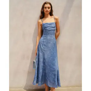 Blue Jacquard Ruched Slip Maxi Dress
