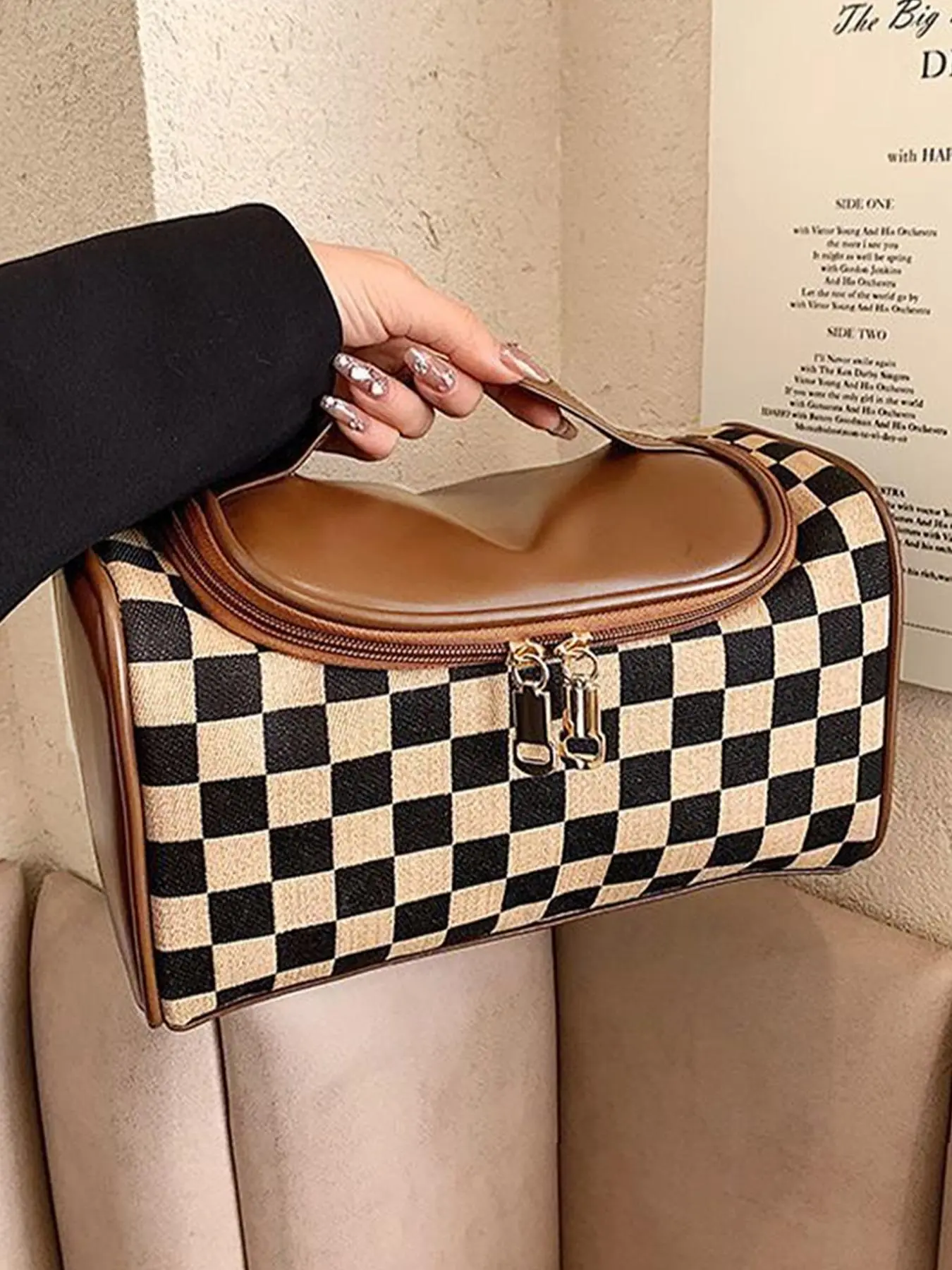 Fashion Colorblock Checked Pattern Makeup Bag, Casual Versatile Zipper Makeup Pu Leather Storage Bag, Makeup Organizer Pouch for Women & Girls, Travel Cosmetic Bags, Cosmetics Bag, Travel Essentials
