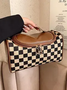 Fashion Colorblock Checked Pattern Makeup Bag, Casual Versatile Zipper Makeup Pu Leather Storage Bag, Makeup Organizer Pouch for Women & Girls, Travel Cosmetic Bags