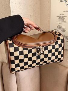 fashion colorblock checked pattern makeup bags, casual versatile zipper makeup pu leather storage bag, makeup organizer pouch for women & girls, girlfriend gifts