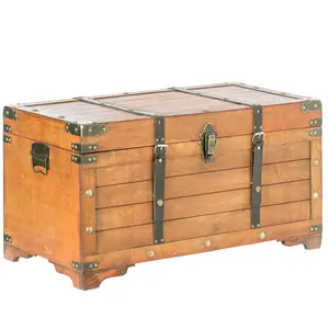 Vintiquewise Traditional Distressed Wood Large Rectangle Storage Trunk - Lockable Latch, Nailheads, Brown Organiser Box with Leather Decor, for Room Organization